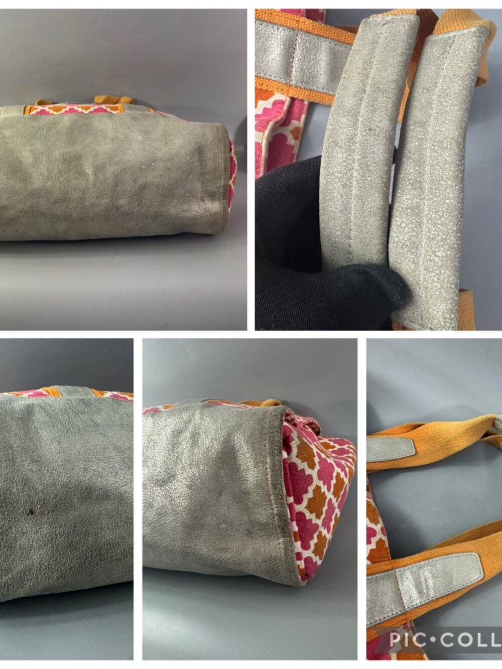 Tory Burch Orange/Pink Canvas w/Silver-tone Distressed Leather Large Tote Bag - Picture 15 of 15